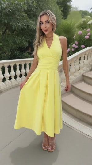 AX PARIS SOFT YELLOW TIE HALTER NECK MIDI DRESS