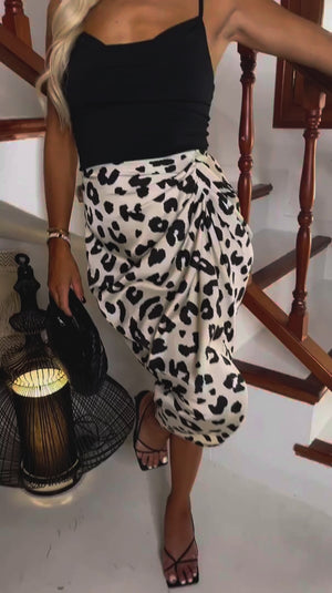 AX PARIS BLACK AND CREAM LEOPRAD PRINT 2 IN 1 STRAPPY COWL NECK GATHERED MIDI DRESS