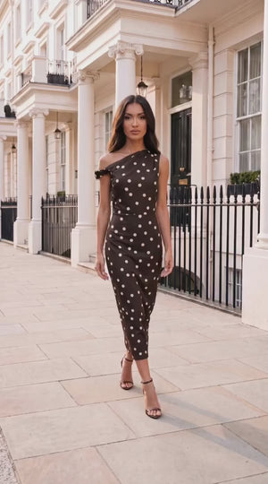 AX PARIS CHOCOLATE POLKA DOT OFF THE SHOULDER MIDI DRESS