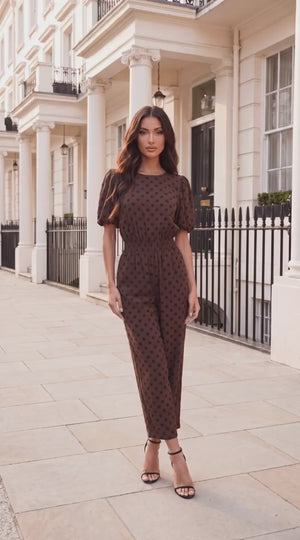 AX PARIS CHOCOLATE AND BLACK POLKA DOT PUFF SLEEVE CULOTTE JUMPSUIT