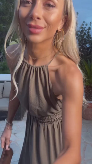 AX PARIS KHAKI TIE RACER NECK SHIRRED WAIST MIDI DRESS