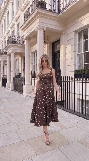 AX PARIS CHOCOLATE POLKA DOT SQUARE NECK A-LINE MIDI DRESS