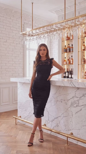 AX PARIS BLACK RUCHED LACE BODYCON MIDI DRESS