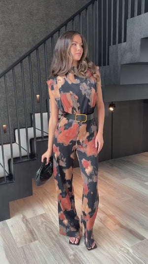 AX PARIS MULTI SMUDGE PRINT BELTED WIDE LEG JUMPSUIT