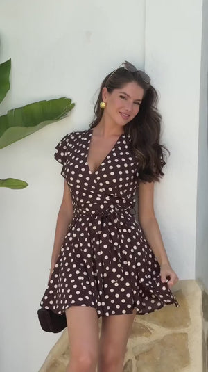 AX PARIS CHOCOLATE POLKA DOT WRAP TOP SKATER MINI DRESS