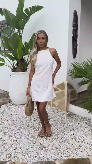 AX PARIS WHITE LEAF BRODERIE RACER NECK MINI DRESS