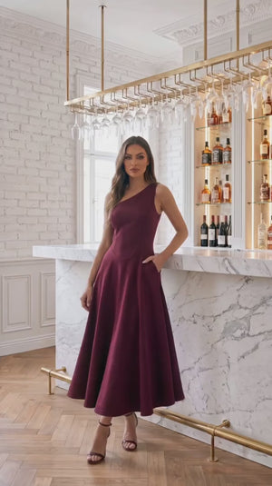 AX PARIS PLUM ONE SHOULDER A-LINE MIDI DRESS