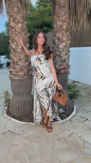 AX PARIS MULTI ANIMAL PRINT SHIRRED STRAPS BUTTON DETAIL WAIST MIDI DRESS