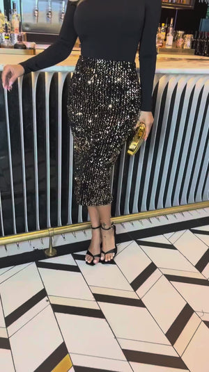 AX PARIS GOLD VELVET SEQUIN 2 IN 1 LONG SLEEVE MIDI DRESS