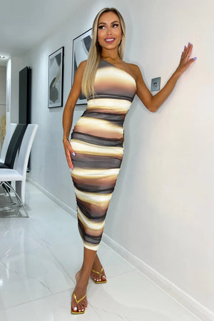 AX PARIS BROWN OMBRE PRINTED MESH ONE SHOULDER BODYCON MIDI DRESS