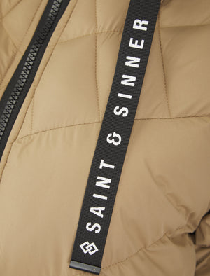 CAMEL HOODED PUFFER COAT WITH ZIP FRONT POCKETS