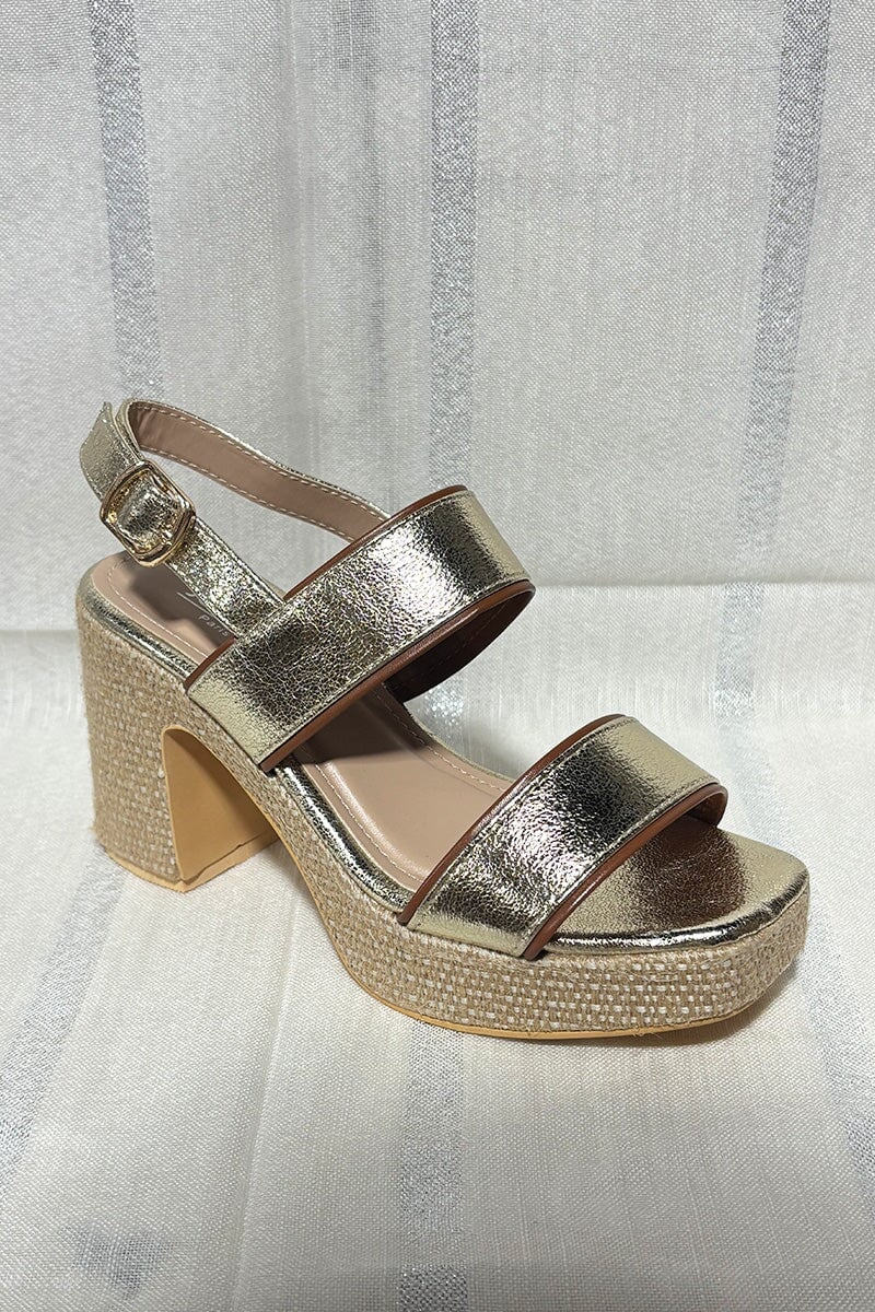 GOLD METALLIC FAUX LEATHER RAFFIA PLATFORM BLOCK HEEL SANDAL