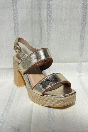 GOLD METALLIC FAUX LEATHER RAFFIA PLATFORM BLOCK HEEL SANDAL