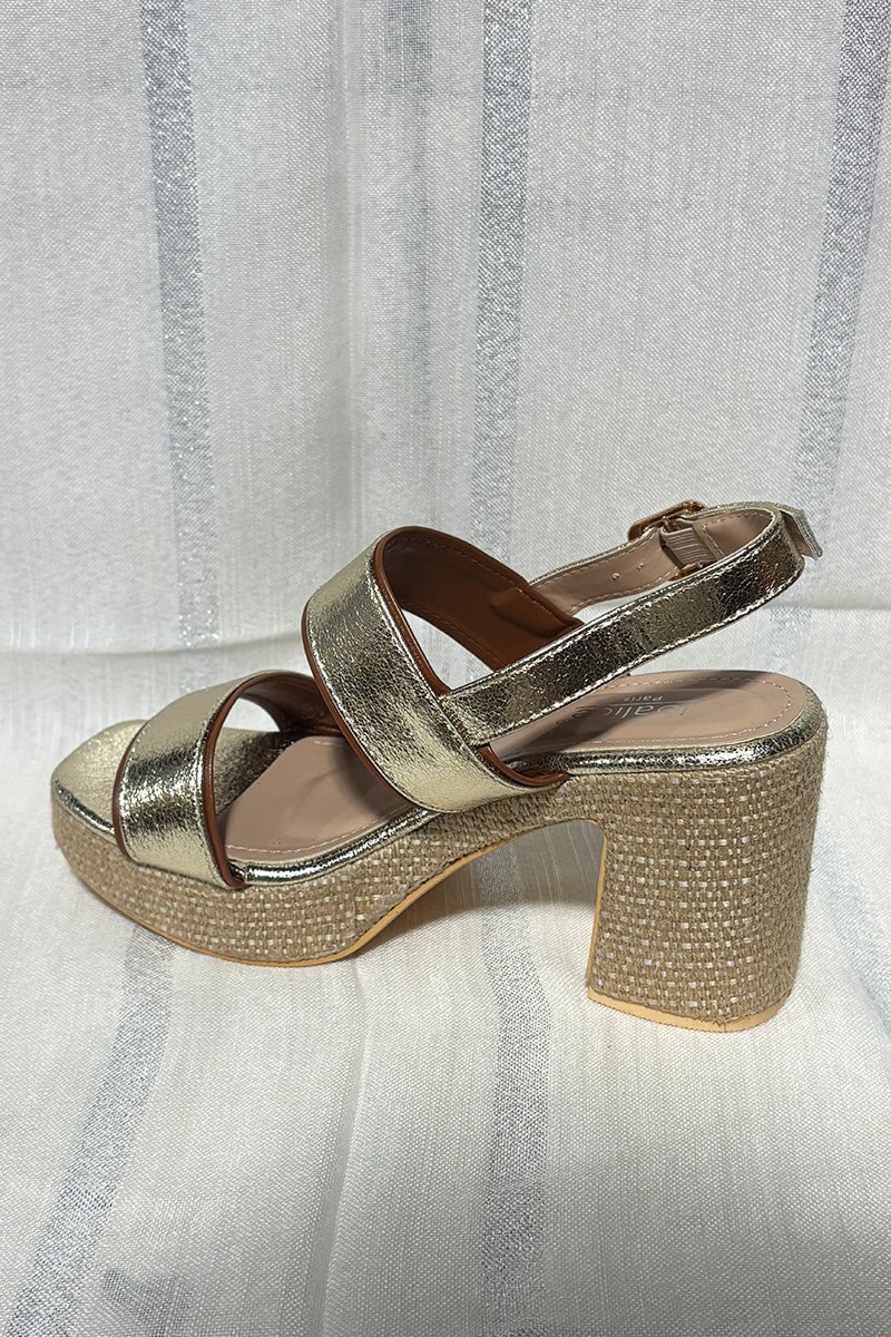 GOLD METALLIC FAUX LEATHER RAFFIA PLATFORM BLOCK HEEL SANDAL
