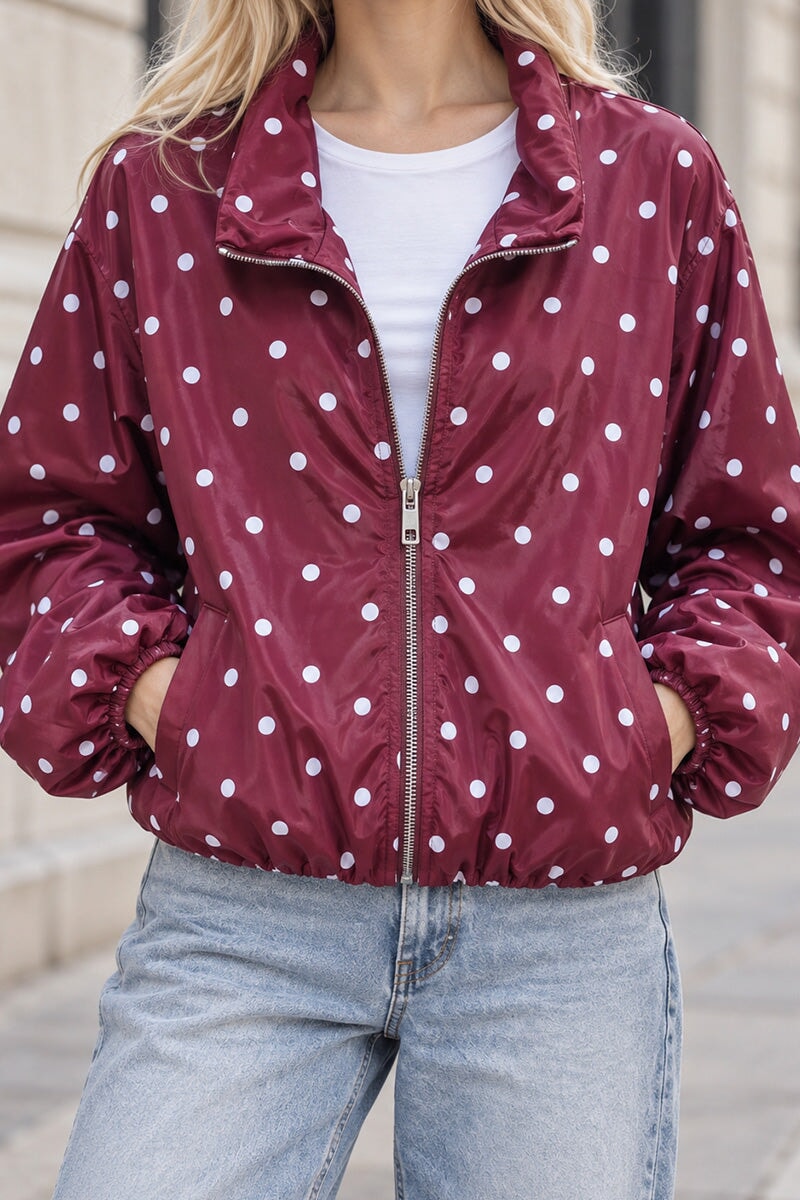 WINE POLKA DOT BUBBLE HEM ZIP WINDBREAKER JACKET