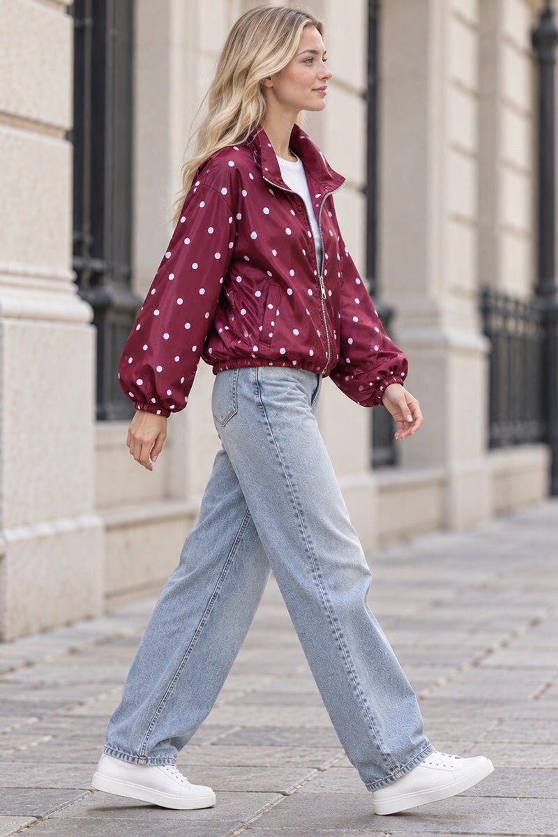 WINE POLKA DOT BUBBLE HEM ZIP WINDBREAKER JACKET