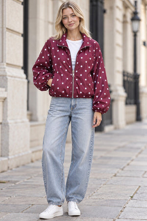 WINE POLKA DOT BUBBLE HEM ZIP WINDBREAKER JACKET