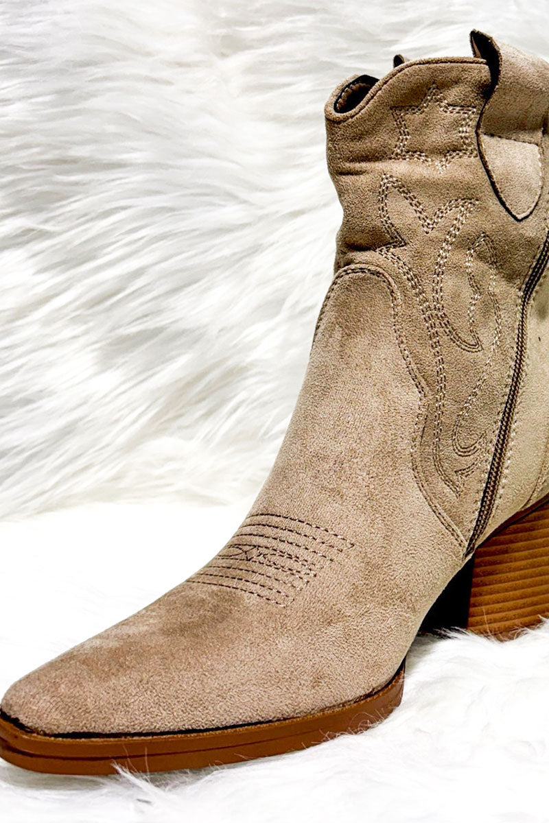 BEIGE FAUX SUEDE COWBOY ANKLE BOOT