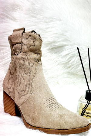 BEIGE FAUX SUEDE COWBOY ANKLE BOOT