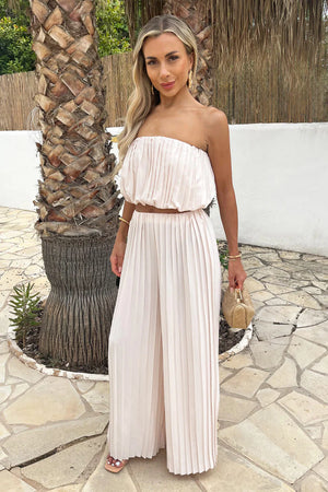 AX PARIS STONE PLEATED PUFF BALL TOP AND PALAZZO TROUSER CO-ORD