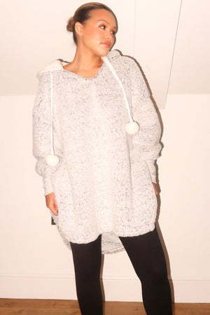 GREY TEDDY OVERSIZED POMPOM SNUGGLE HOODIE