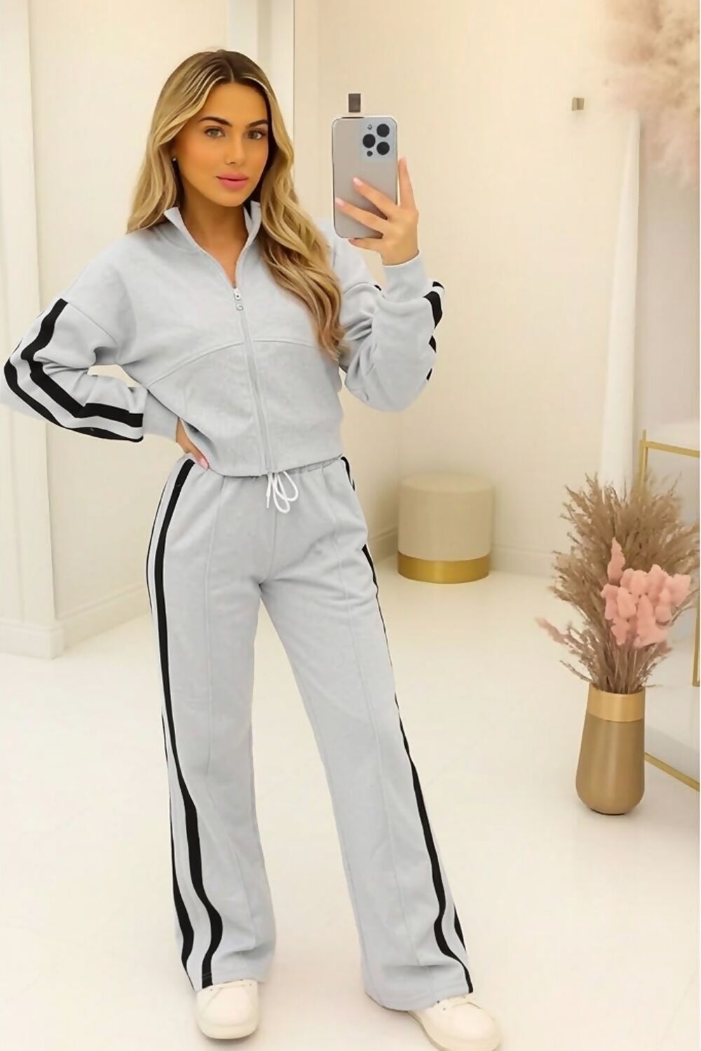 BLEACH GREY CROPPED DOUBLE STRIPE ZIPPED SWEATSHIRT WITH WIDE LEG TROUSER