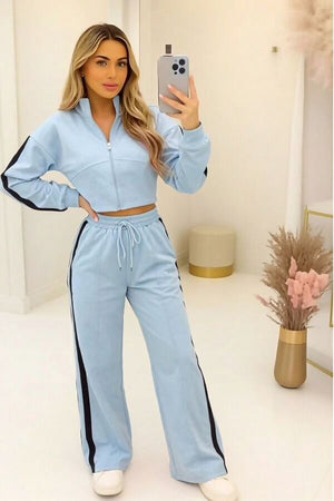BLUE CROPPED DOUBLE STRIPE ZIPPED SWEATSHIRT WITH WIDE LEG TROUSER