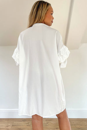 WHITE BUTTON UP RUCHED DETAIL SMOCK DRESS