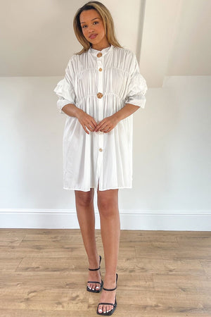 WHITE BUTTON UP RUCHED DETAIL SMOCK DRESS