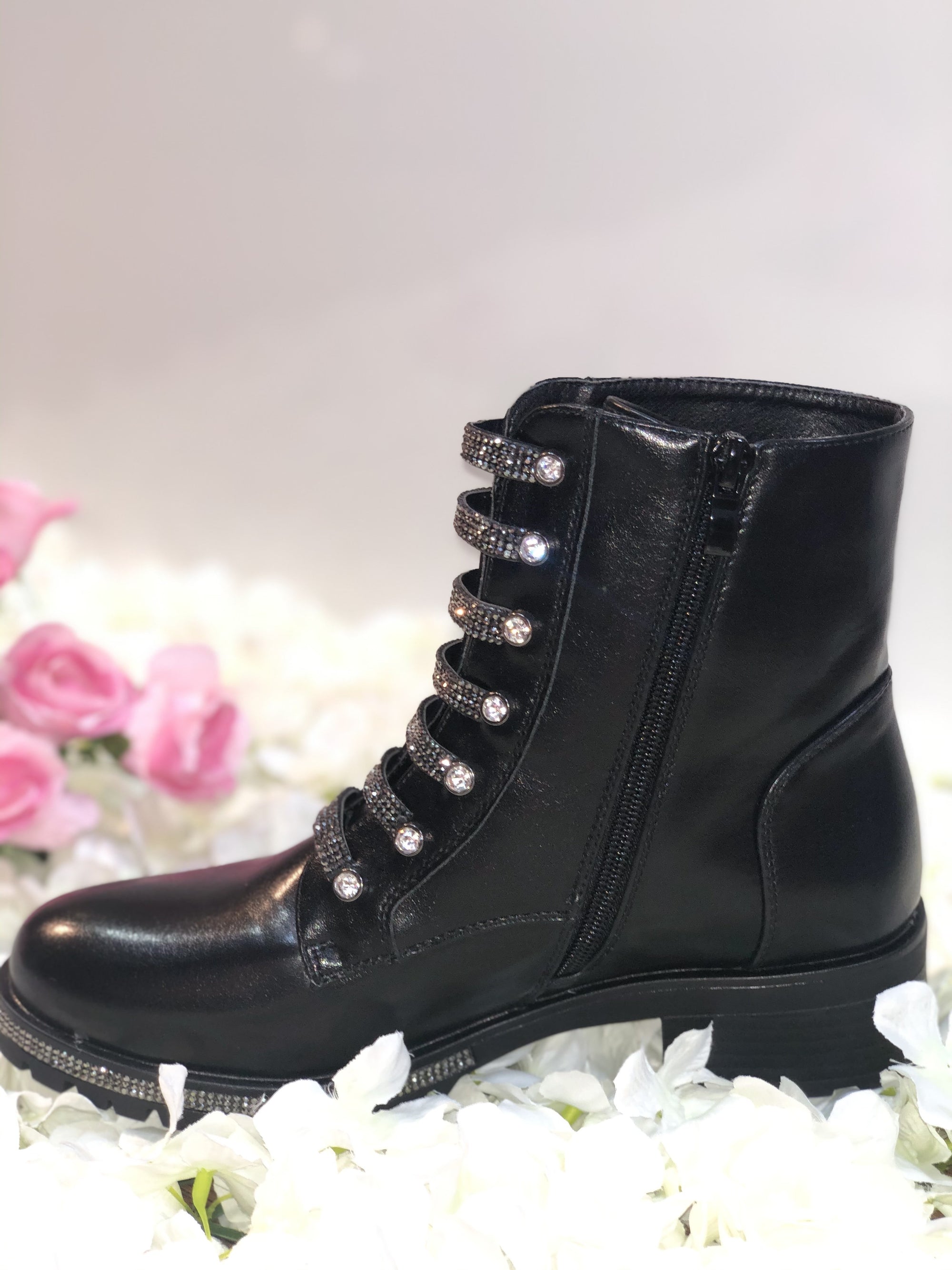 BLACK DIAMANTE LEATHER LOOK ANKLE BOOT