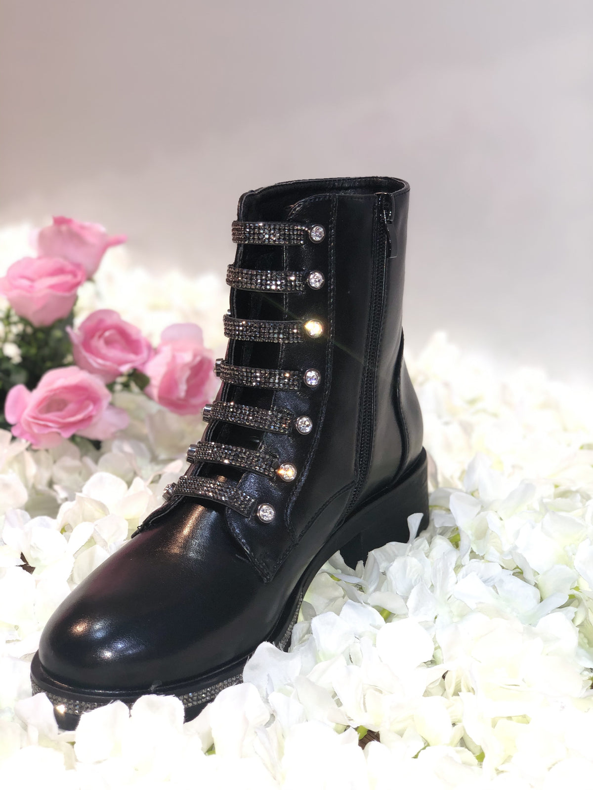 BLACK DIAMANTE LEATHER LOOK ANKLE BOOT