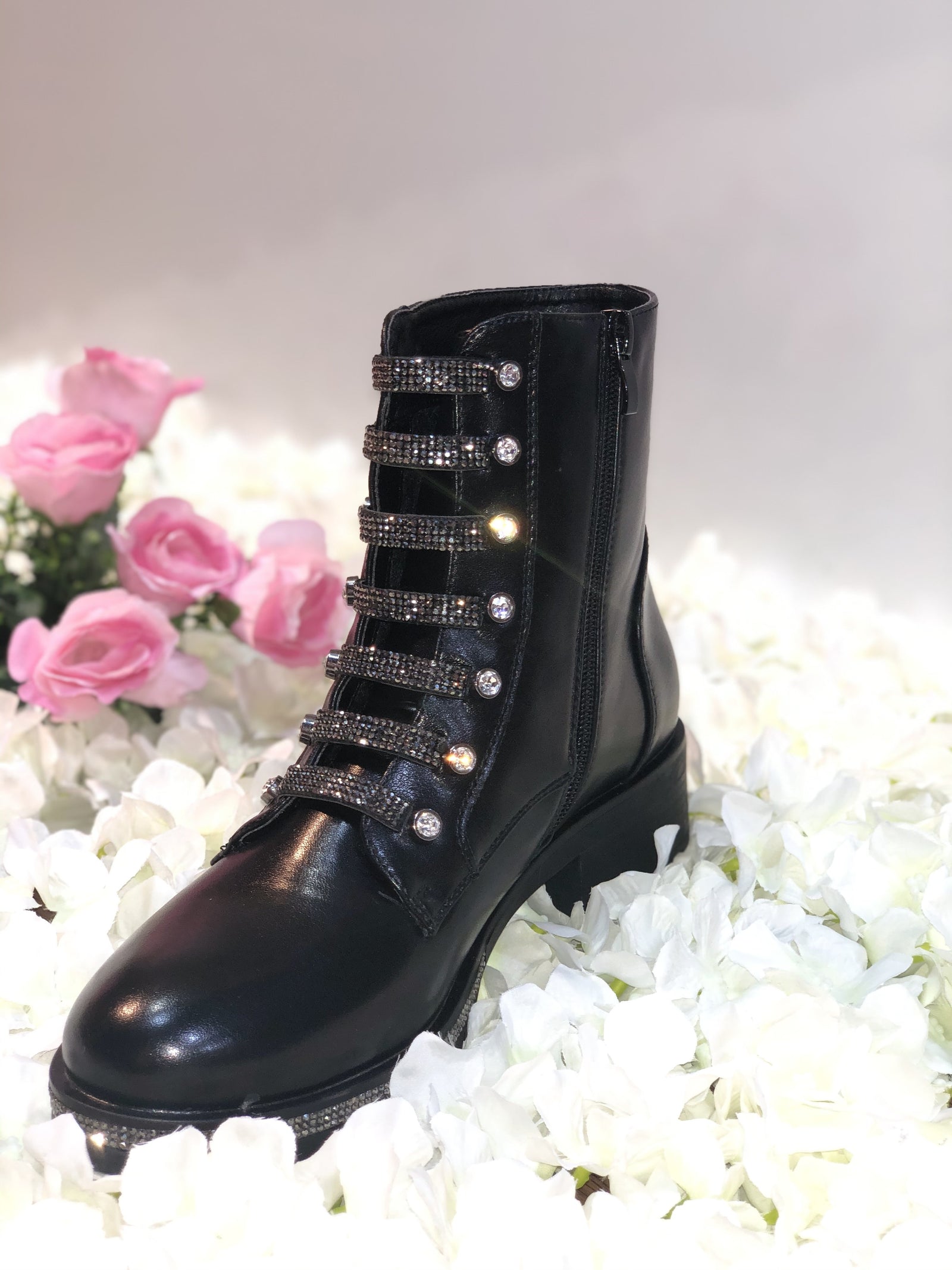 BLACK DIAMANTE LEATHER LOOK ANKLE BOOT