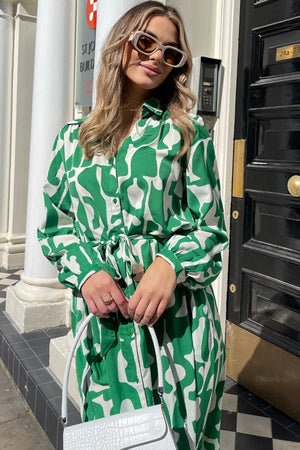 GREEN PRINTED LONG SLEEVE BELTED MIDI SHIRT DRESS