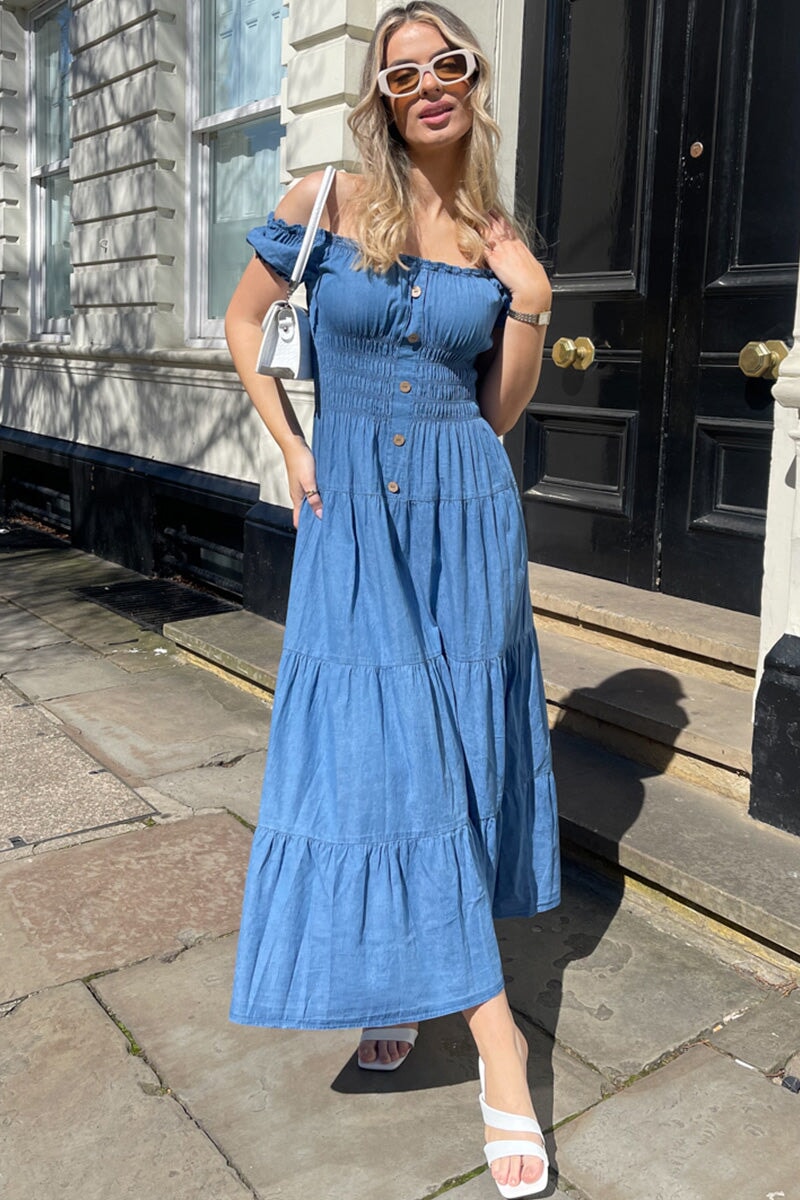 BLUE DENIM SHIRRED BARDOT DRESS