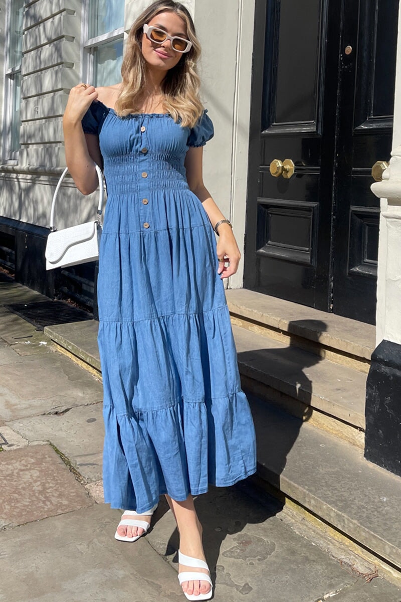 BLUE DENIM SHIRRED BARDOT DRESS