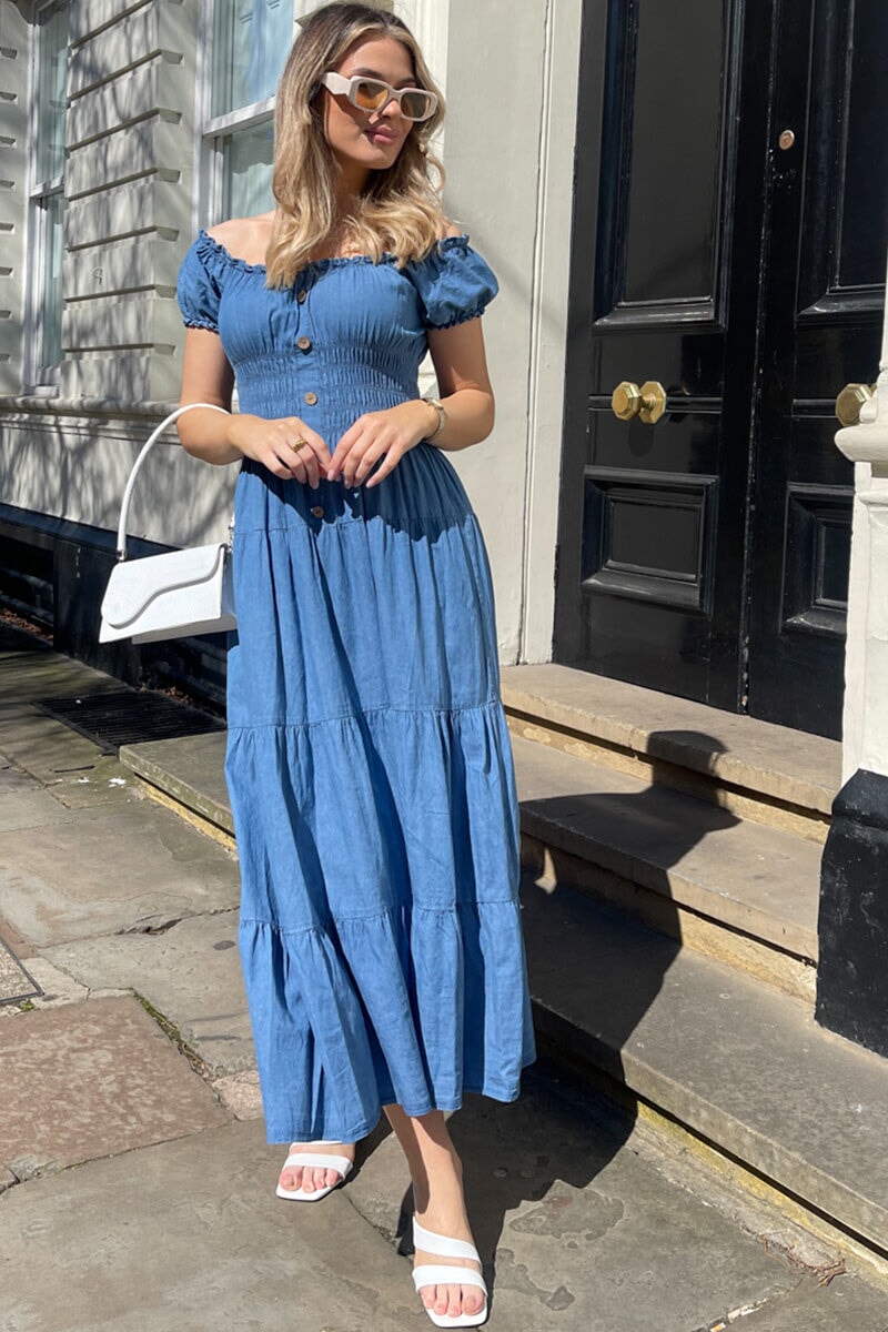 BLUE DENIM SHIRRED BARDOT DRESS