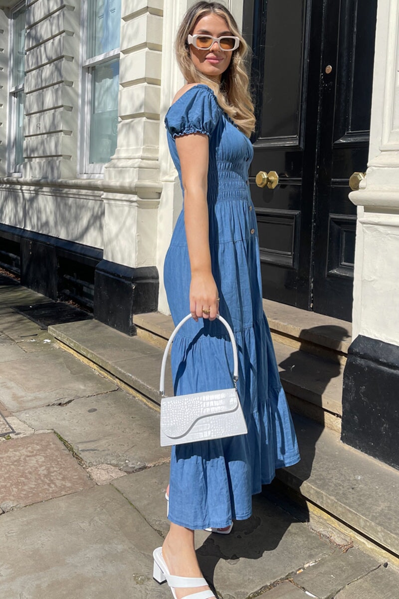 BLUE DENIM SHIRRED BARDOT DRESS