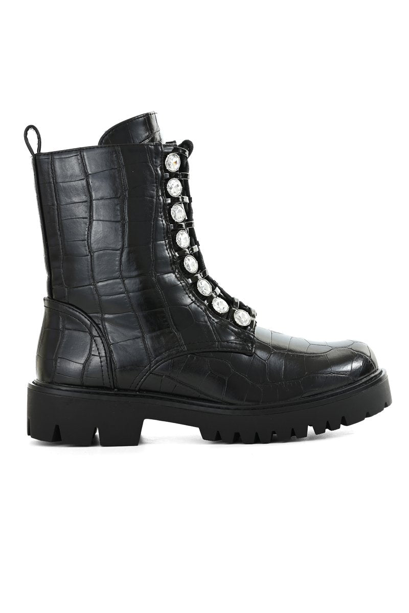 BLACK DIAMANTE FAUX LEATHER CROC ANKLE BOOT