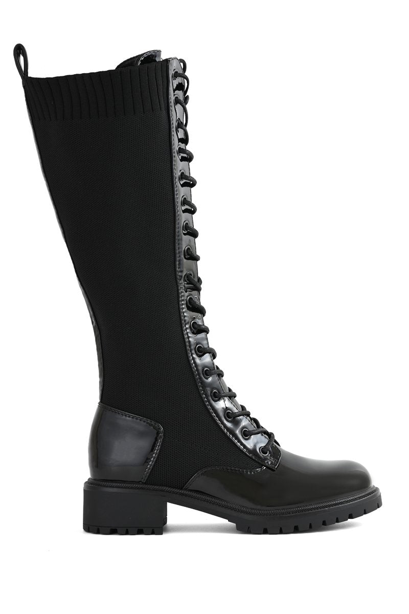 BLACK KNITTED LACED PATENT KNEE HIGH BOOT