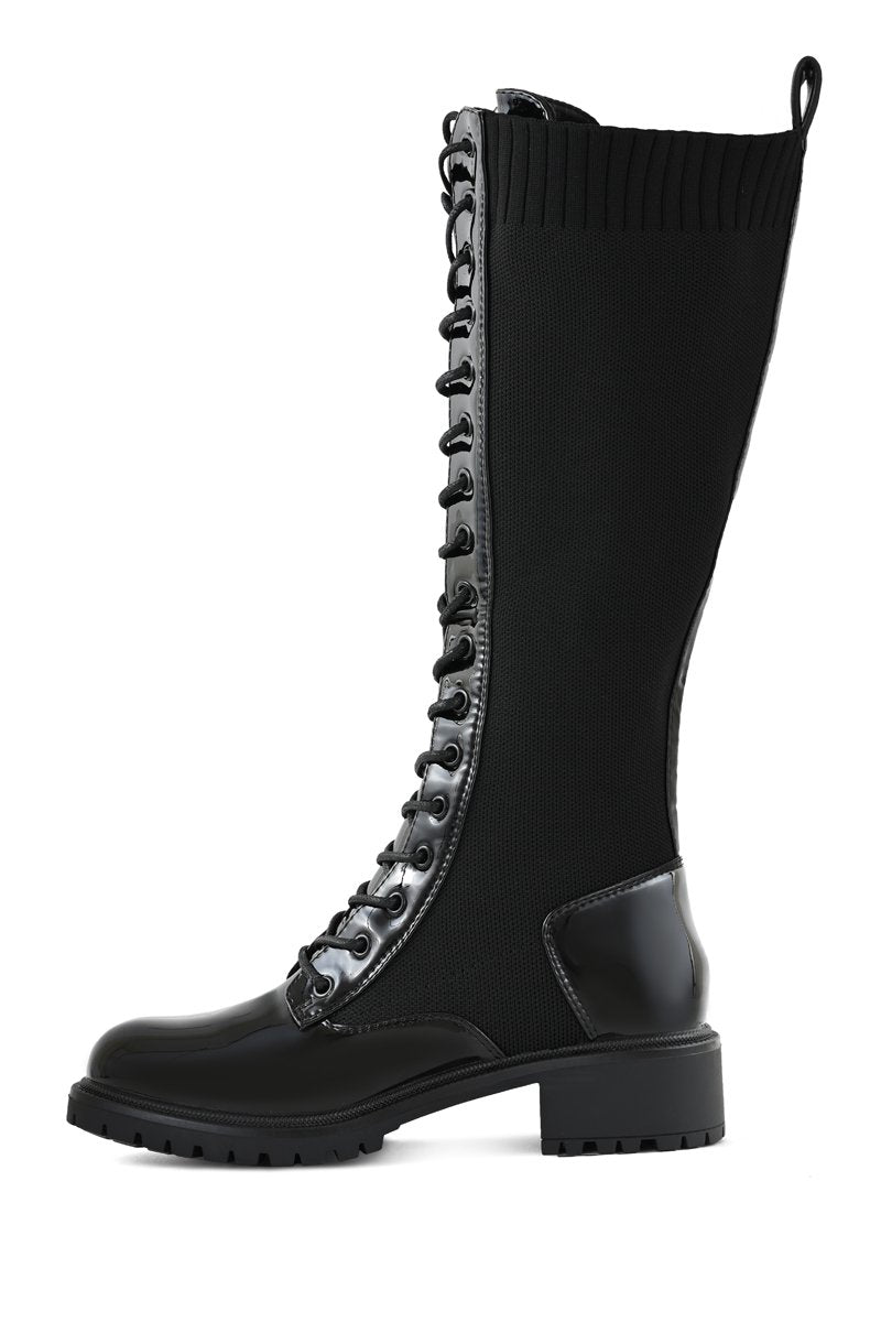 BLACK KNITTED LACED KNEE HIGH BOOT
