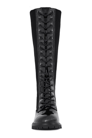 BLACK KNITTED LACED PATENT KNEE HIGH BOOT