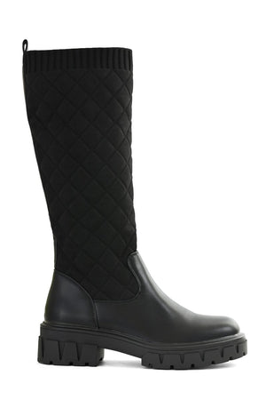 BLACK QUILTED KNITTED KNEE HIGH FAUX LEATHER BOOT