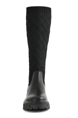BLACK QUILTED KNITTED KNEE HIGH FAUX LEATHER BOOT