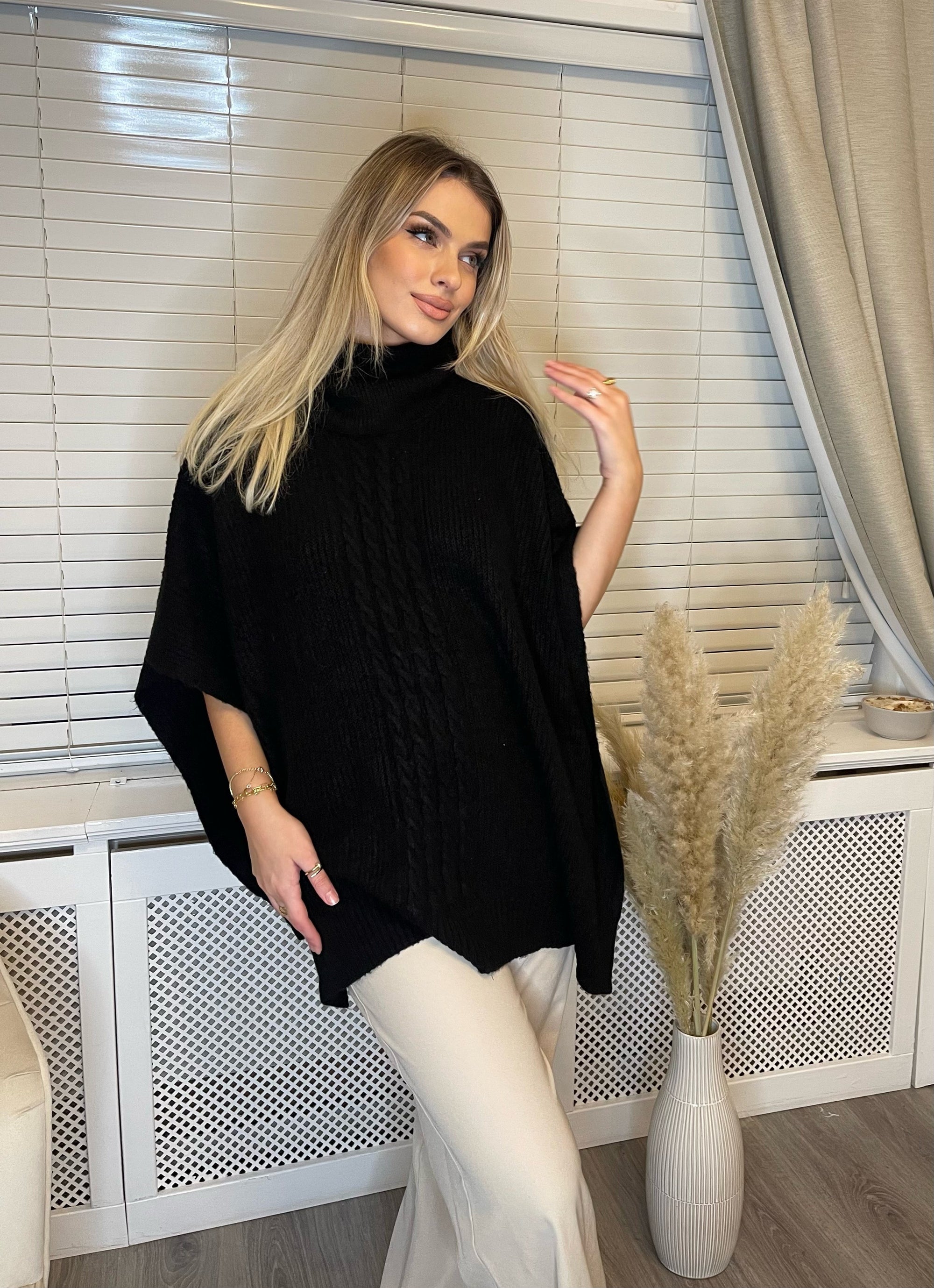 BLACK COWL NECK KNIT PONCHO