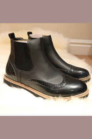 BLACK PATENT TRIM BROGUE STYLE FAUX LEATHER CHELSEA BOOT