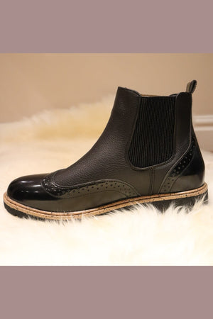 BLACK PATENT TRIM BROGUE STYLE FAUX LEATHER CHELSEA BOOT