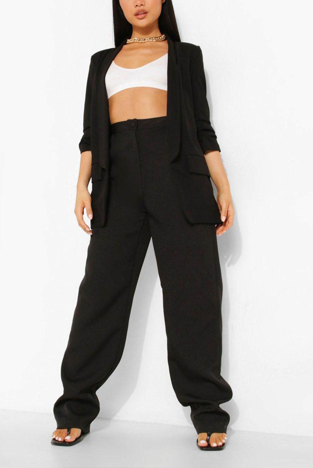 BLACK RUCHED SLEEVE BLAZER