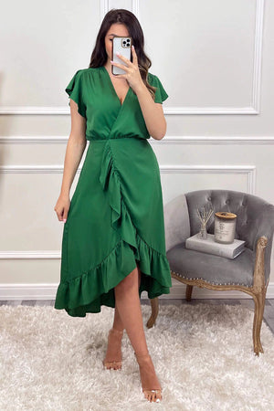 AX PARIS GREEN WRAP OVER FRILL HEM SHORT SLEEVE MIDI DRESS