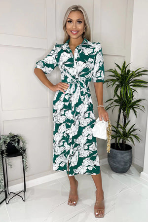 AX PARIS GREEN AND WHITE FLORAL PRINTED 3/4 SLEEVE MIDI SHIRT DRESS