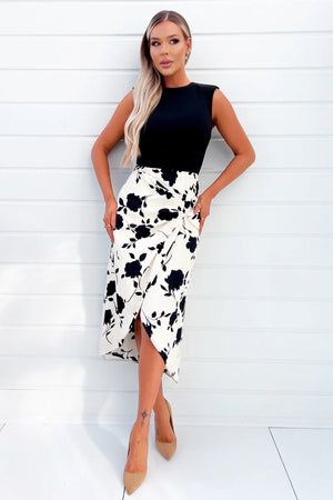 AX PARIS BLACK AND CREAM 2 IN 1 FLORAL PRINTED MIDI DRESS